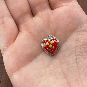 Vintage 925 Sterling Silver Enamel Red Yellow Flowers Puffy Heart Bracelet Charm